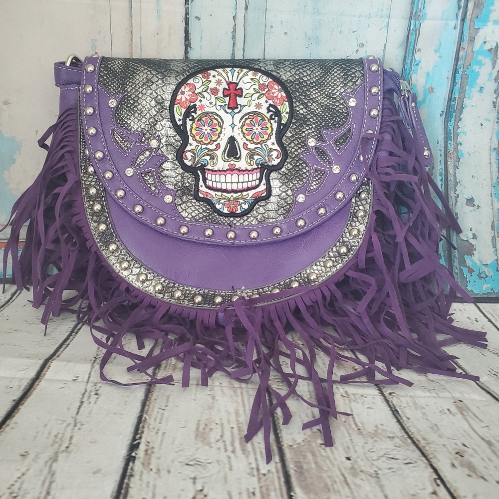Sugar Skull Fringe Cross Body Purse